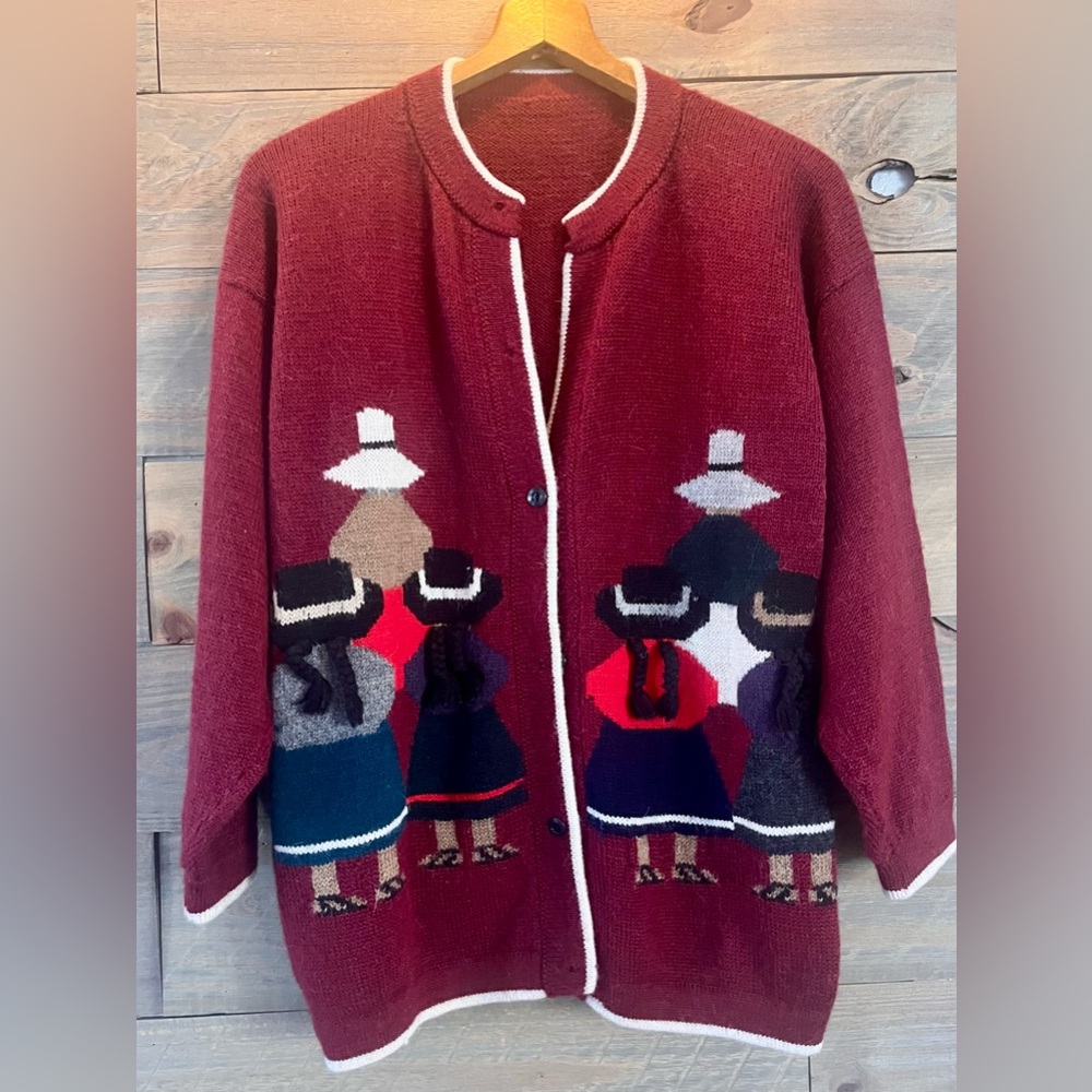 VINTAGE BURGUNDY Peruvian alpaca cardigan sweater - FOLK ART CARDIGAN